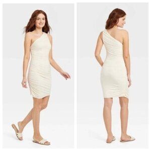 NEW A New Day Women's Ruched Knit One Shoulder Mini Dress - Cream